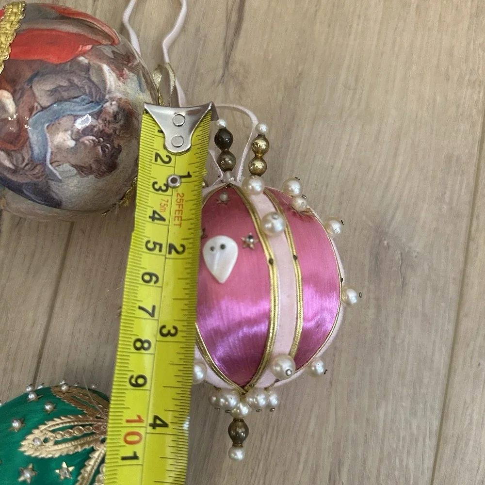 Set Of 3 Christmas Ornaments Push Pin Satin Beaded‎ Angel Pink Green 4